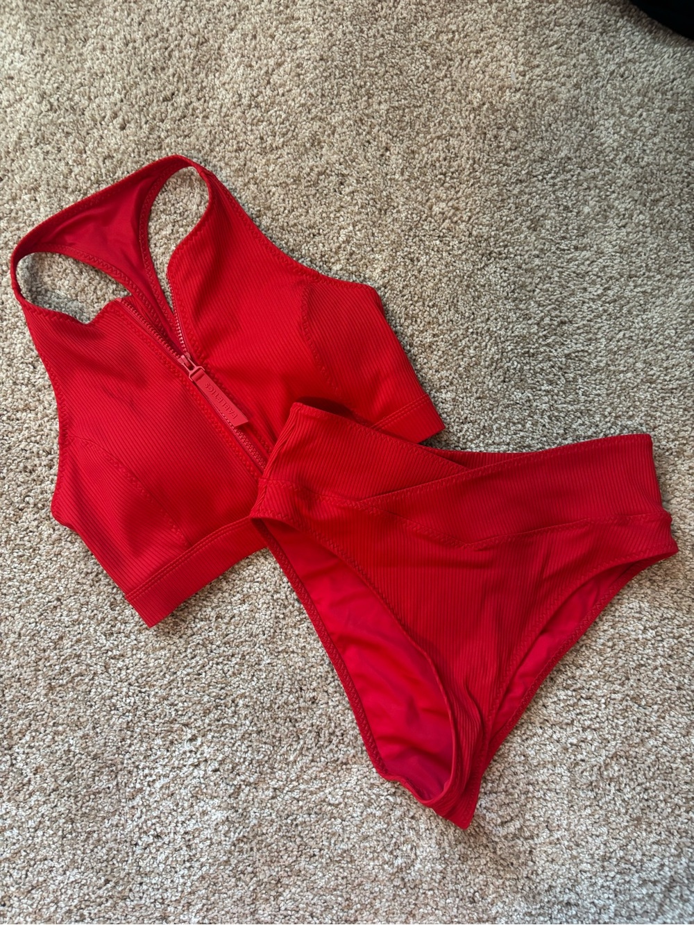 Fabletics Red High Tide Zip Front Bikini Top and High Waisted Bottoms 🌶️